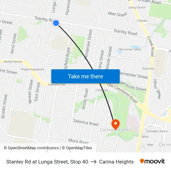 Stanley Rd at Lunga Street, Stop 40 to Carina Heights map