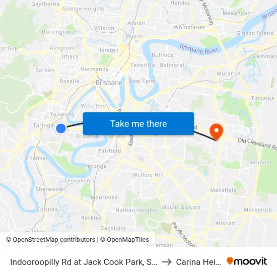 Indooroopilly Rd at Jack Cook Park, Stop 18/19 to Carina Heights map