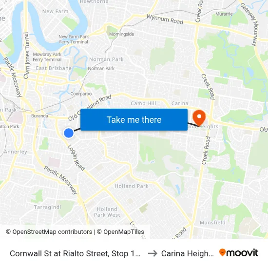 Cornwall St at Rialto Street, Stop 19a to Carina Heights map