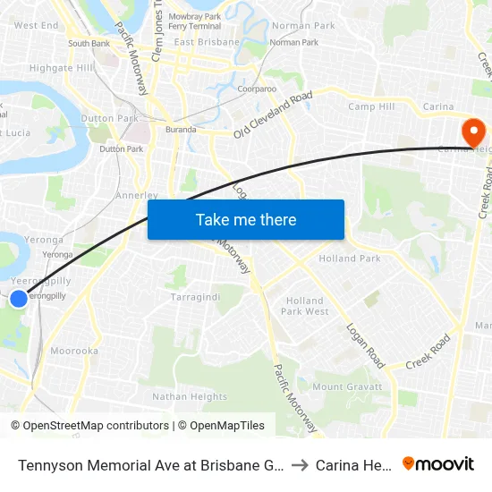 Tennyson Memorial Ave at Brisbane Golf, Stop 36 to Carina Heights map