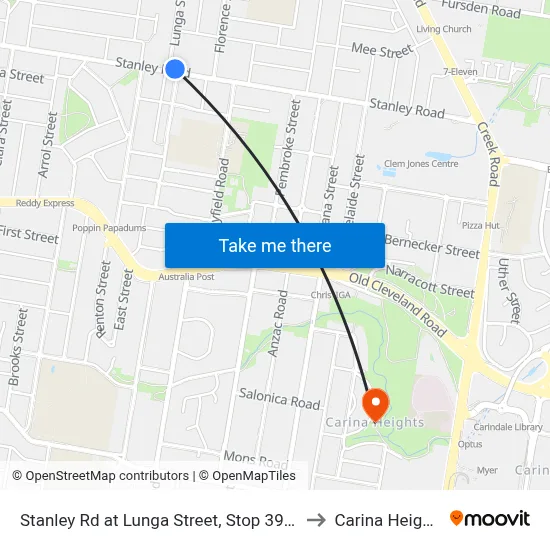 Stanley Rd at Lunga Street, Stop 39/40 to Carina Heights map