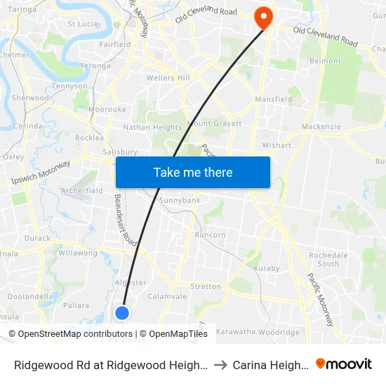 Ridgewood Rd at Ridgewood Heights to Carina Heights map
