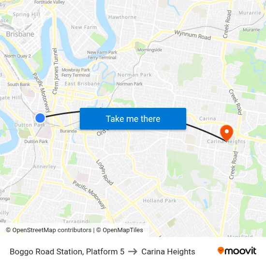 Boggo Road Station, Platform 5 to Carina Heights map