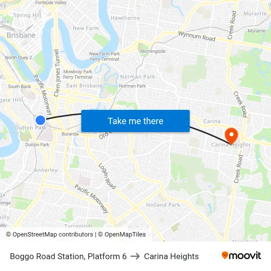 Boggo Road Station, Platform 6 to Carina Heights map