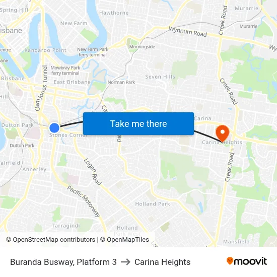 Buranda Busway, Platform 3 to Carina Heights map