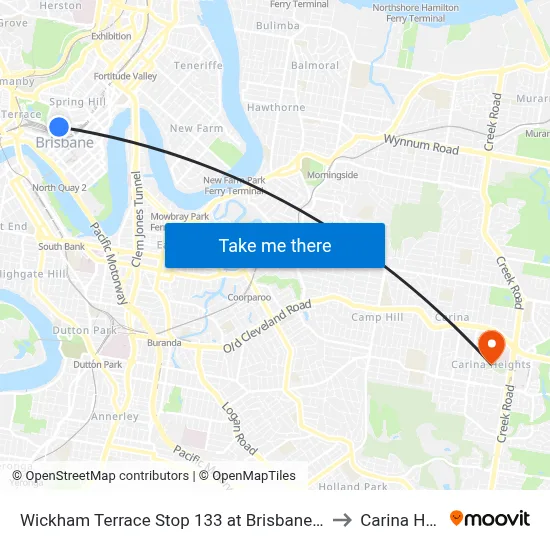 Wickham Terrace Stop 133 at Brisbane Private Hospital to Carina Heights map