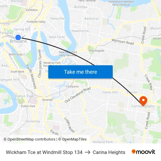 Wickham Tce at Windmill Stop 134 to Carina Heights map