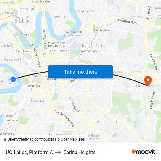 UQ Lakes, Platform A to Carina Heights map