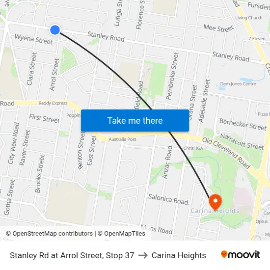 Stanley Rd at Arrol Street, Stop 37 to Carina Heights map