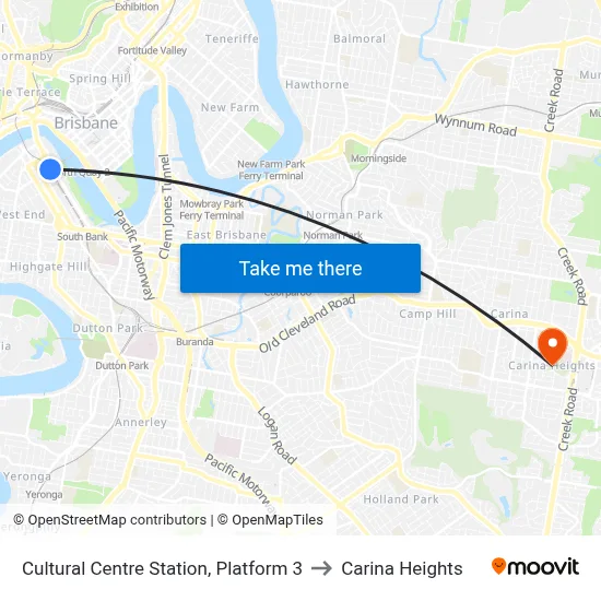 Cultural Centre Station, Platform 3 to Carina Heights map