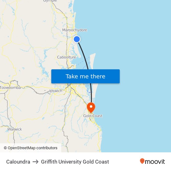 Caloundra to Griffith University Gold Coast map