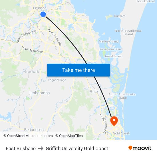 East Brisbane to Griffith University Gold Coast map