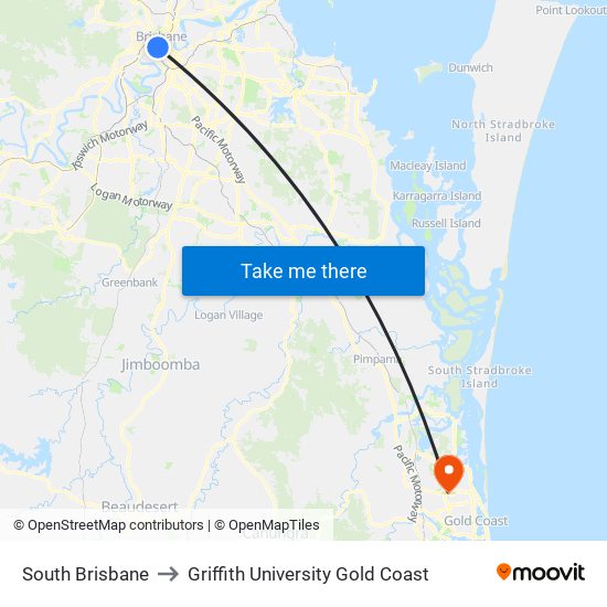 South Brisbane to Griffith University Gold Coast map