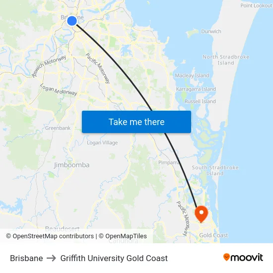 Brisbane to Griffith University Gold Coast map