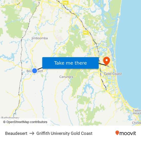 Beaudesert to Griffith University Gold Coast map