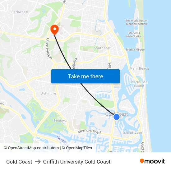 Gold Coast to Griffith University Gold Coast map