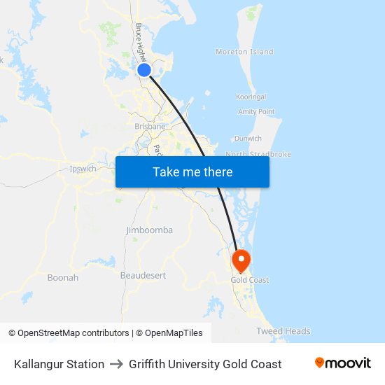 Kallangur Station to Griffith University Gold Coast map