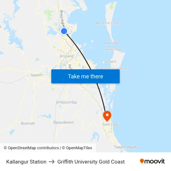 Kallangur Station to Griffith University Gold Coast map