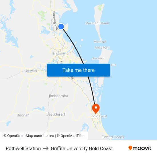 Rothwell Station to Griffith University Gold Coast map