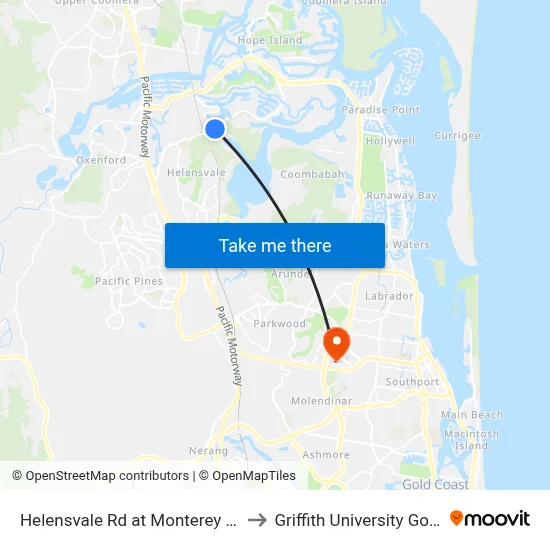 Helensvale Rd at Monterey Keys Drive to Griffith University Gold Coast map
