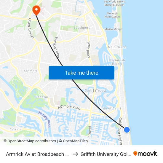 Armrick Av at Broadbeach Boulevard to Griffith University Gold Coast map