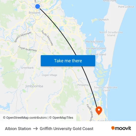 Albion Station to Griffith University Gold Coast map