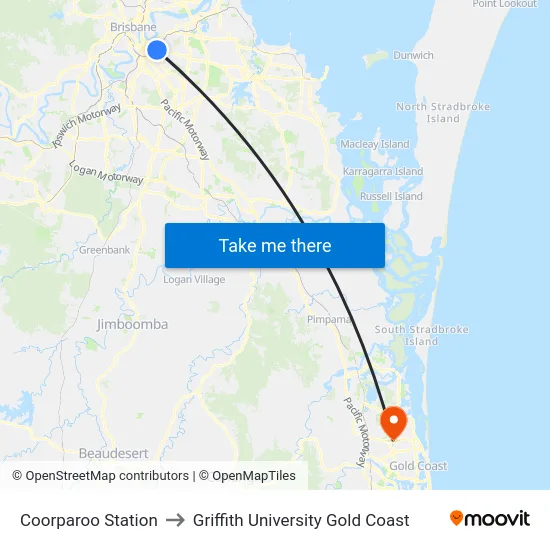 Coorparoo Station to Griffith University Gold Coast map