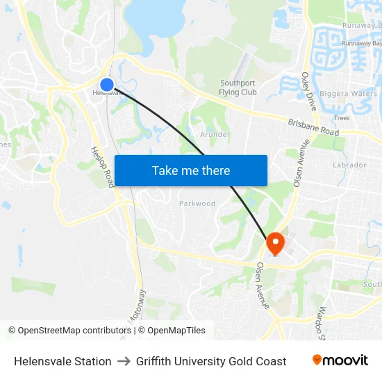 Helensvale Station to Griffith University Gold Coast map