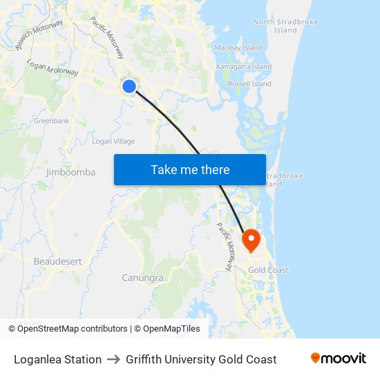 Loganlea Station to Griffith University Gold Coast map