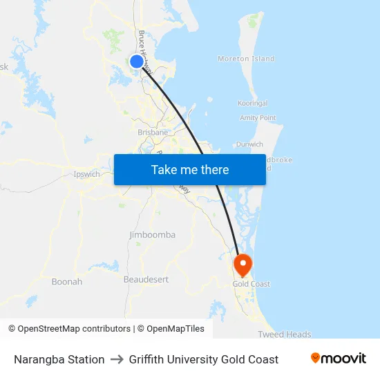 Narangba Station to Griffith University Gold Coast map