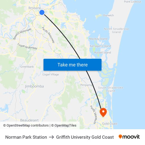 Norman Park Station to Griffith University Gold Coast map