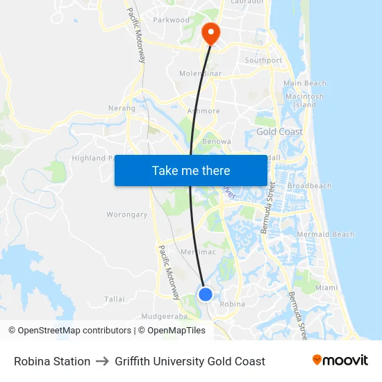 Robina Station to Griffith University Gold Coast map