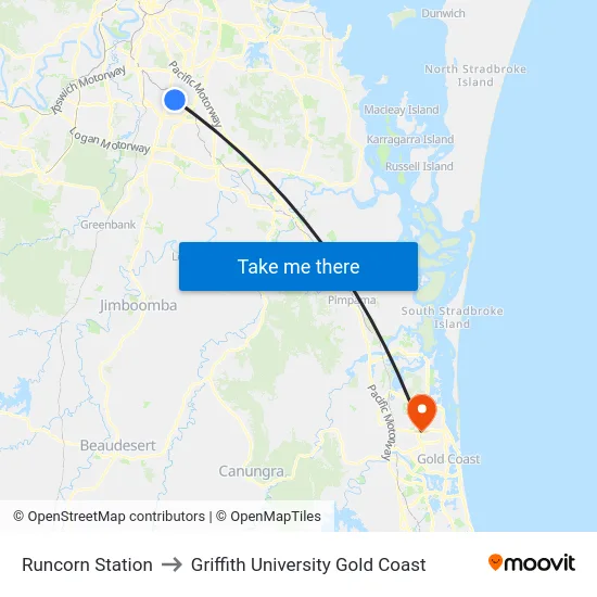Runcorn Station to Griffith University Gold Coast map