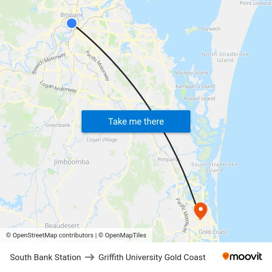 South Bank Station to Griffith University Gold Coast map