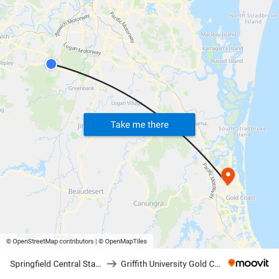 Springfield Central Station to Griffith University Gold Coast map