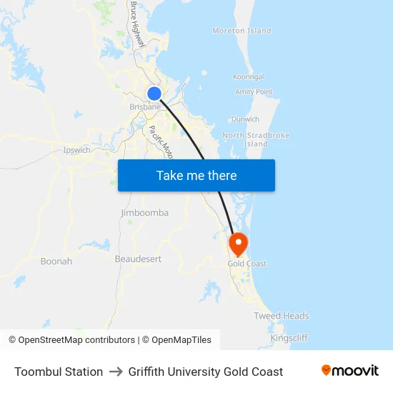 Toombul Station to Griffith University Gold Coast map