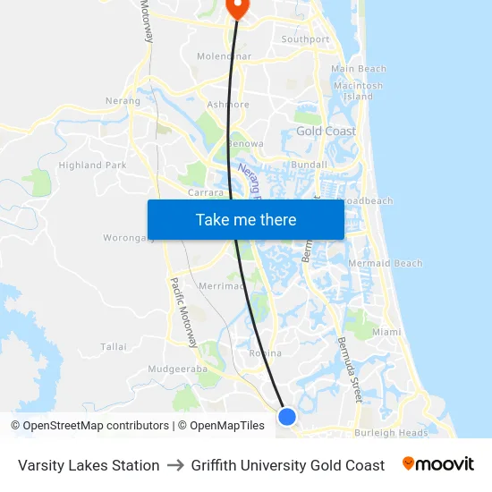 Varsity Lakes Station to Griffith University Gold Coast map
