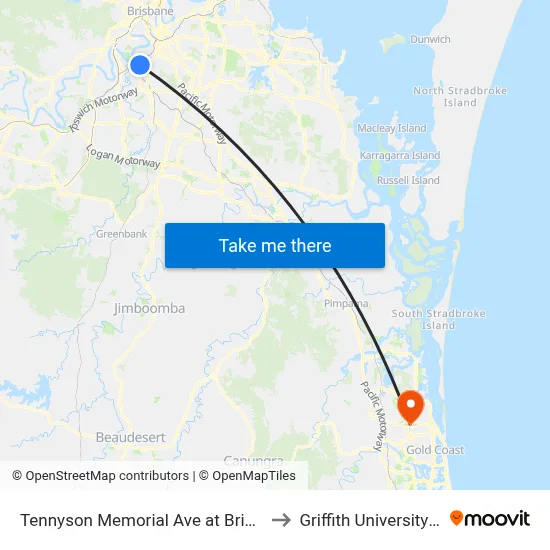 Tennyson Memorial Ave at Brisbane Golf, Stop 36 to Griffith University Gold Coast map