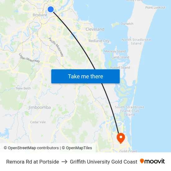 Remora Rd at Portside to Griffith University Gold Coast map