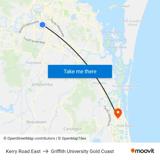 Kerry Road East to Griffith University Gold Coast map