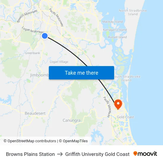 Browns Plains Station to Griffith University Gold Coast map