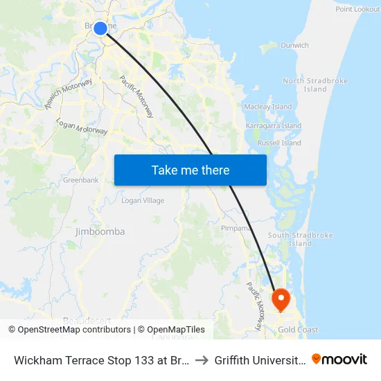 Wickham Terrace Stop 133 at Brisbane Private Hospital to Griffith University Gold Coast map
