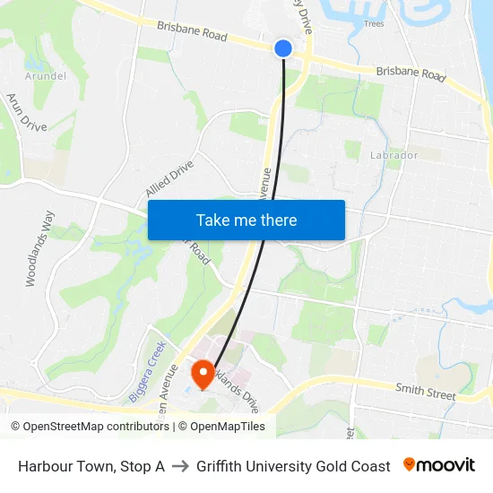 Harbour Town, Stop A to Griffith University Gold Coast map