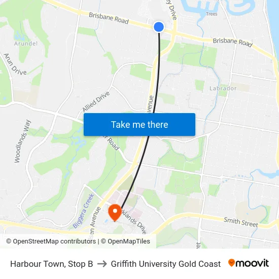 Harbour Town, Stop B to Griffith University Gold Coast map