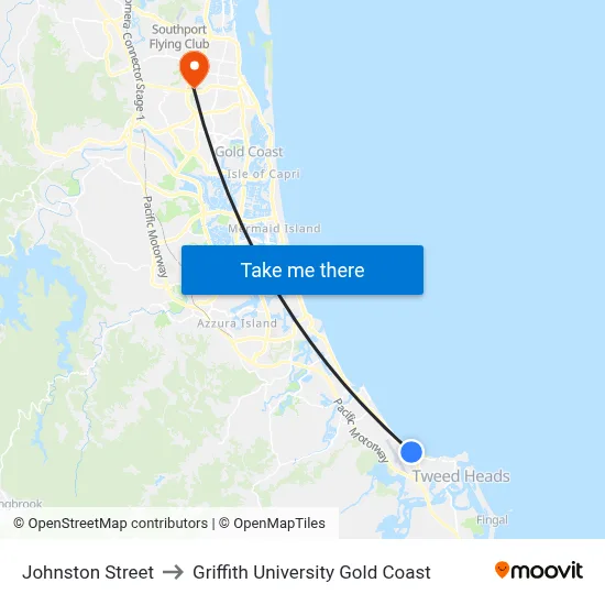Johnston Street to Griffith University Gold Coast map