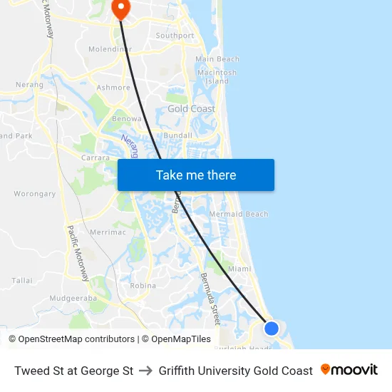 Tweed St at George St to Griffith University Gold Coast map
