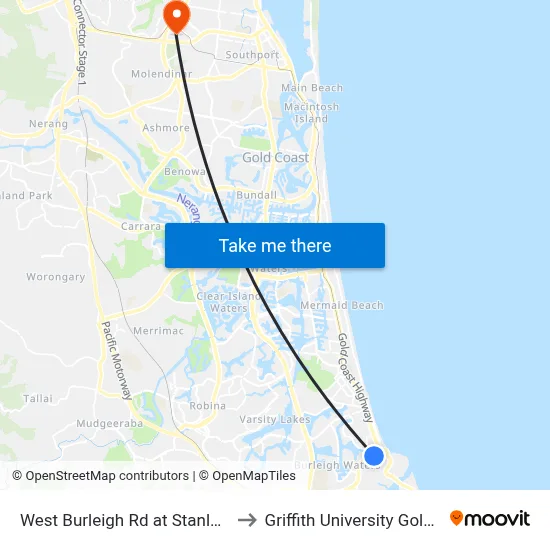 West Burleigh Rd at Stanley Street to Griffith University Gold Coast map