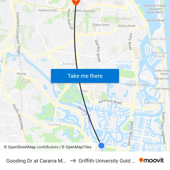 Gooding Dr at Cararra Markets to Griffith University Gold Coast map