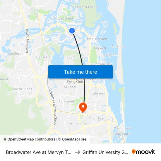 Broadwater Ave at Mervyn Thomas Drive to Griffith University Gold Coast map