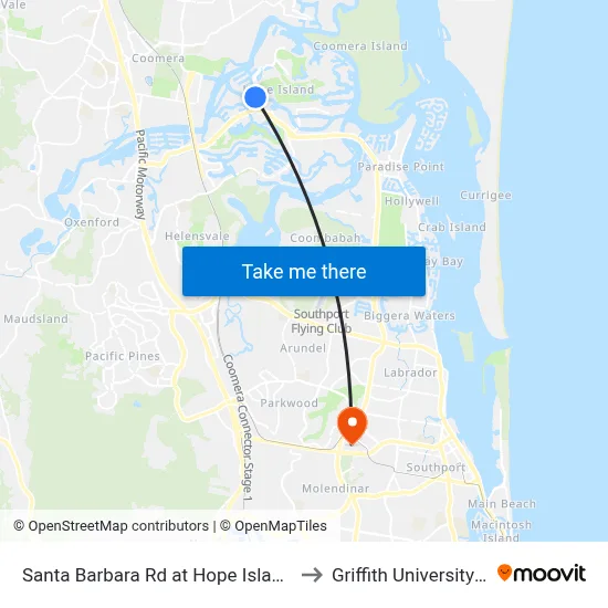 Santa Barbara Rd at Hope Island Shopping Centre to Griffith University Gold Coast map
